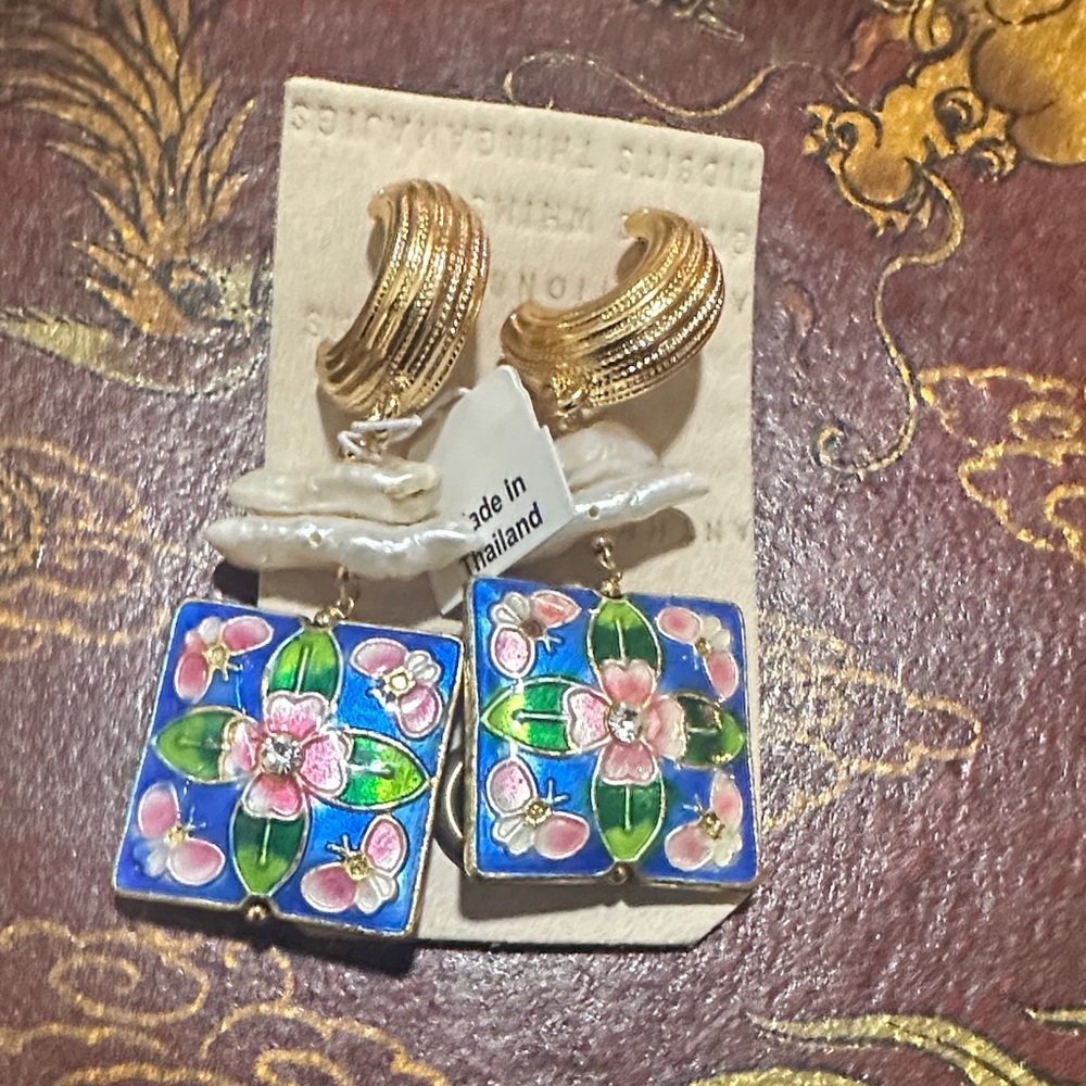 Anthropologie Blue and Gold Floral Earrings